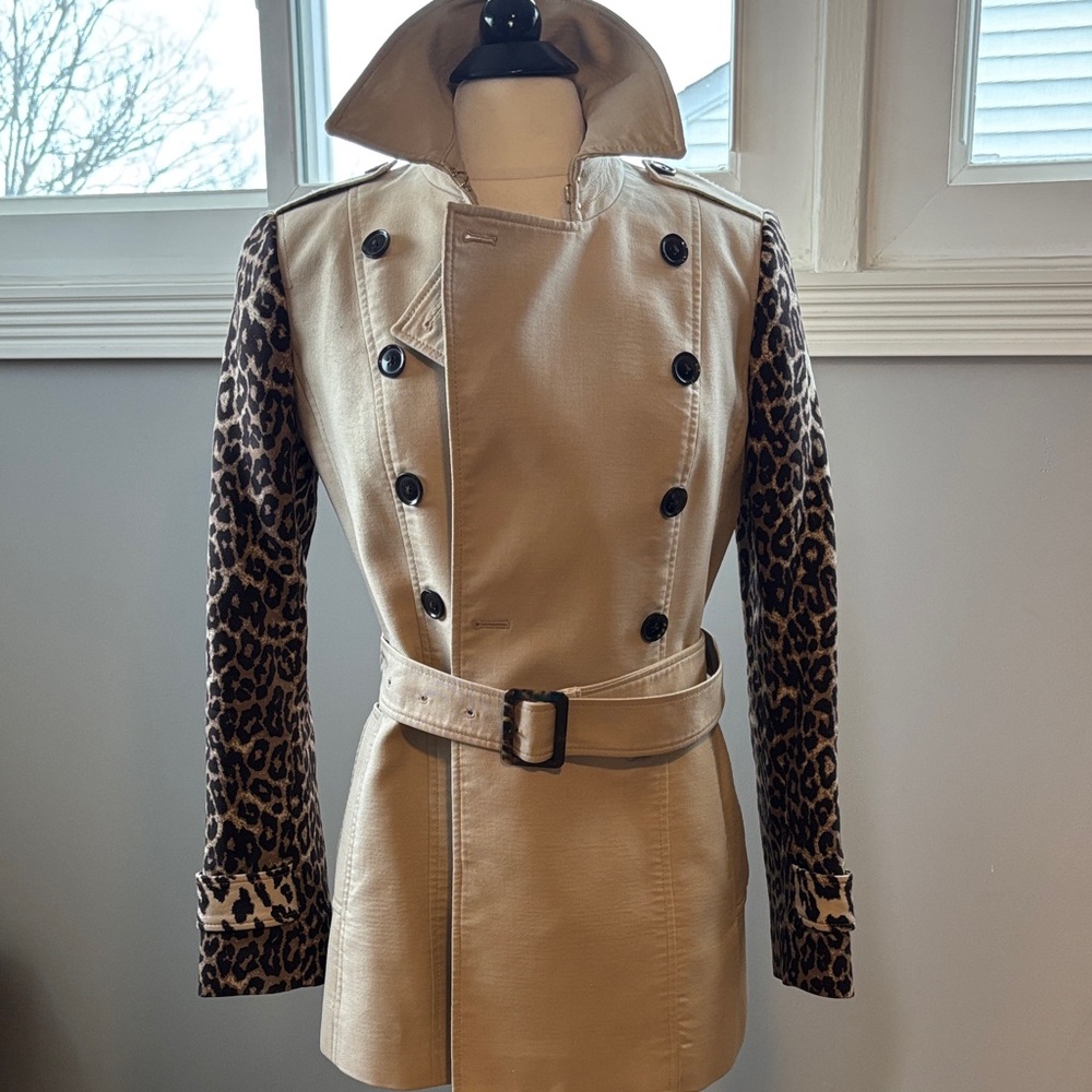 Leopard Sleeve Beige Trench Coat